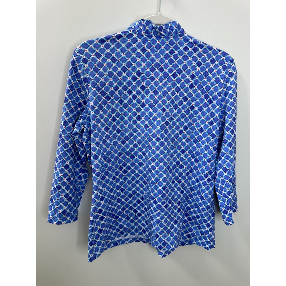 J.McLaughlin Blue Geometric Ruffle Neck 3/4 Sleeve Top No Size Preppy Coastal - Picture 3 of 10